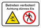 Preview: Warnschild Winterschild Querformat mit Warnsymbolen dünnes Eis und Betreten verboten
